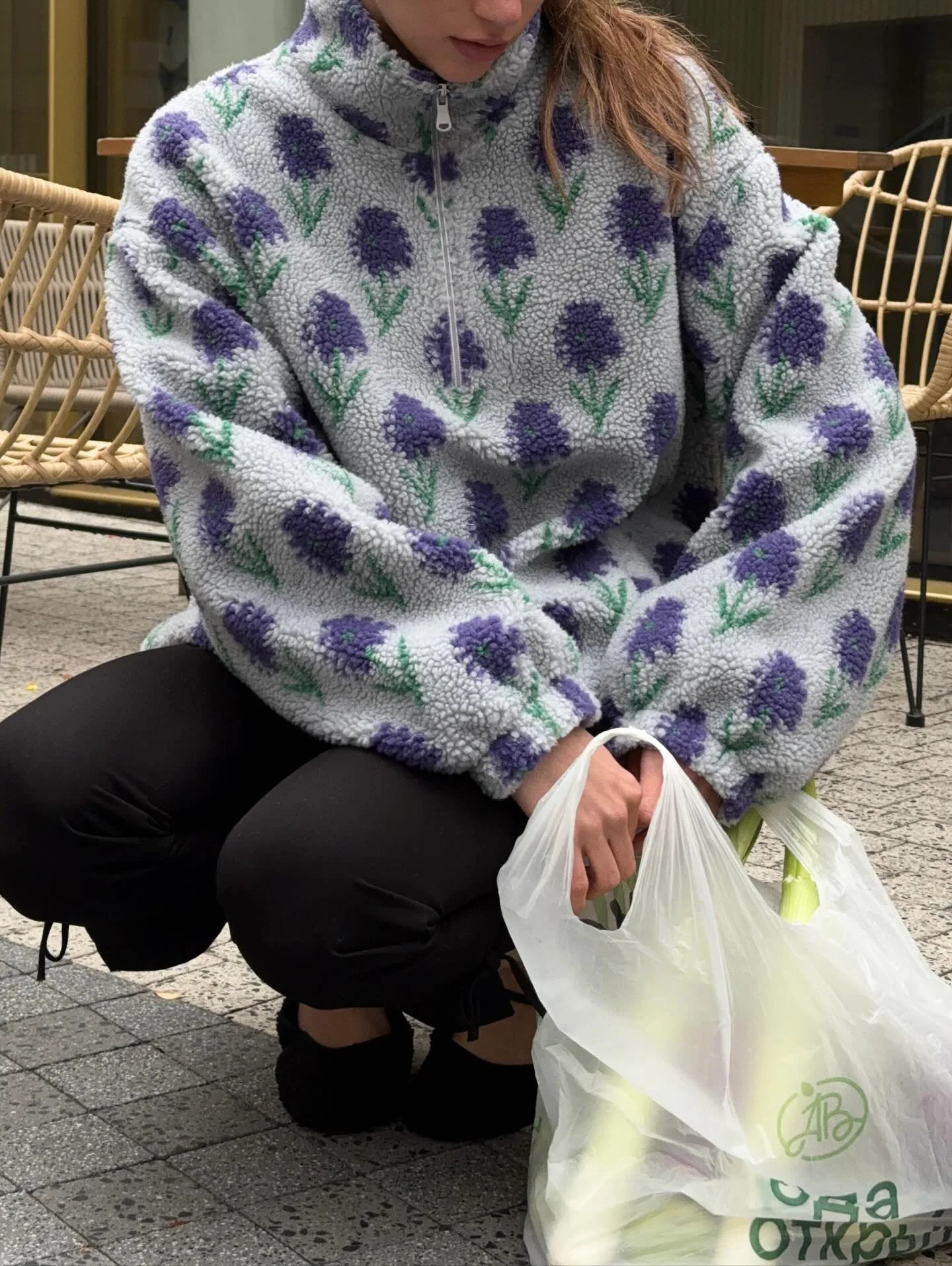Ticketsx Women Printed Lamb Fur Hoodies Vintage Fashion Floral Contrast Loose Pullover Fall Winter Casual Street Office Hoodies