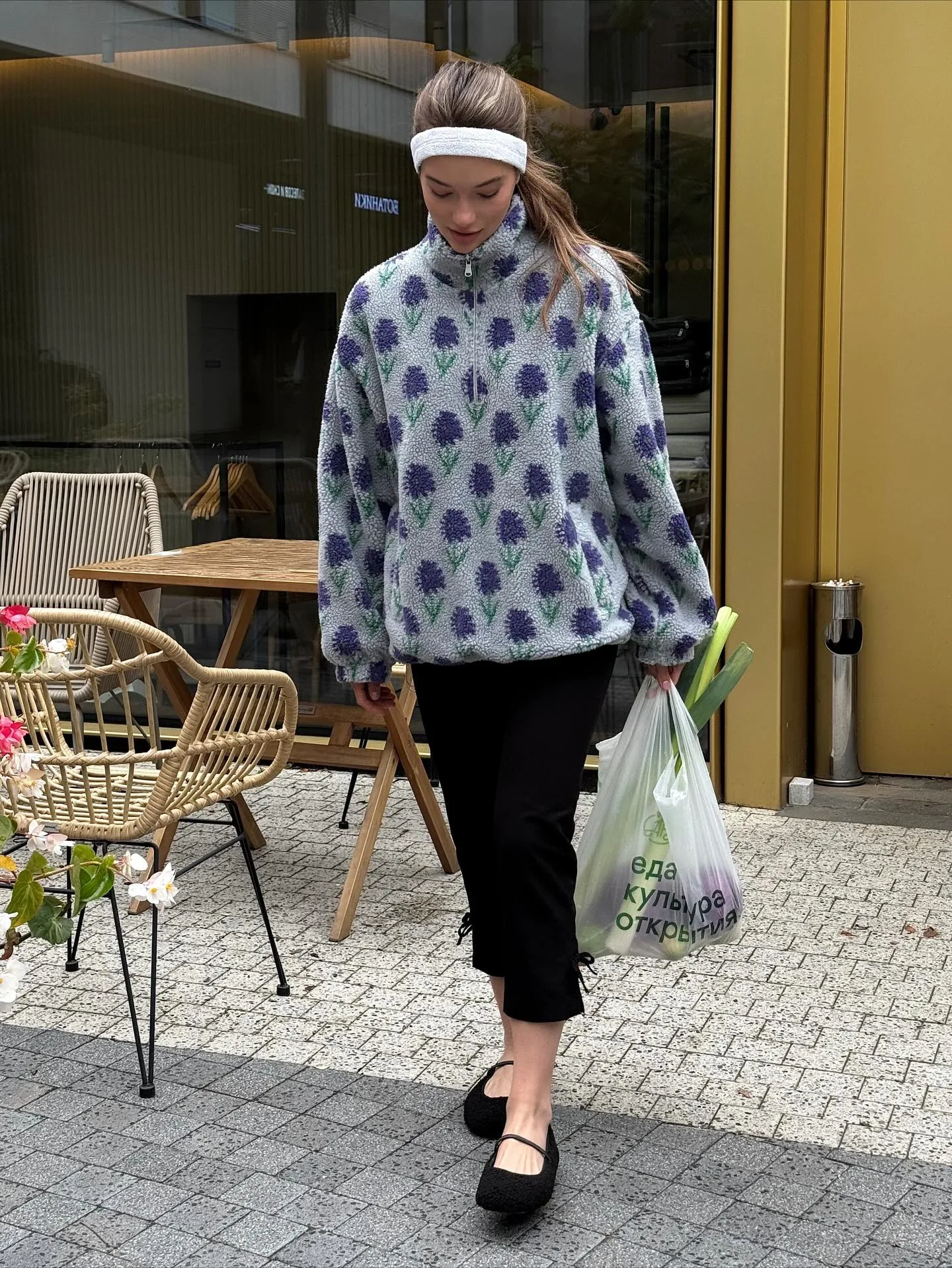 Ticketsx Women Printed Lamb Fur Hoodies Vintage Fashion Floral Contrast Loose Pullover Fall Winter Casual Street Office Hoodies