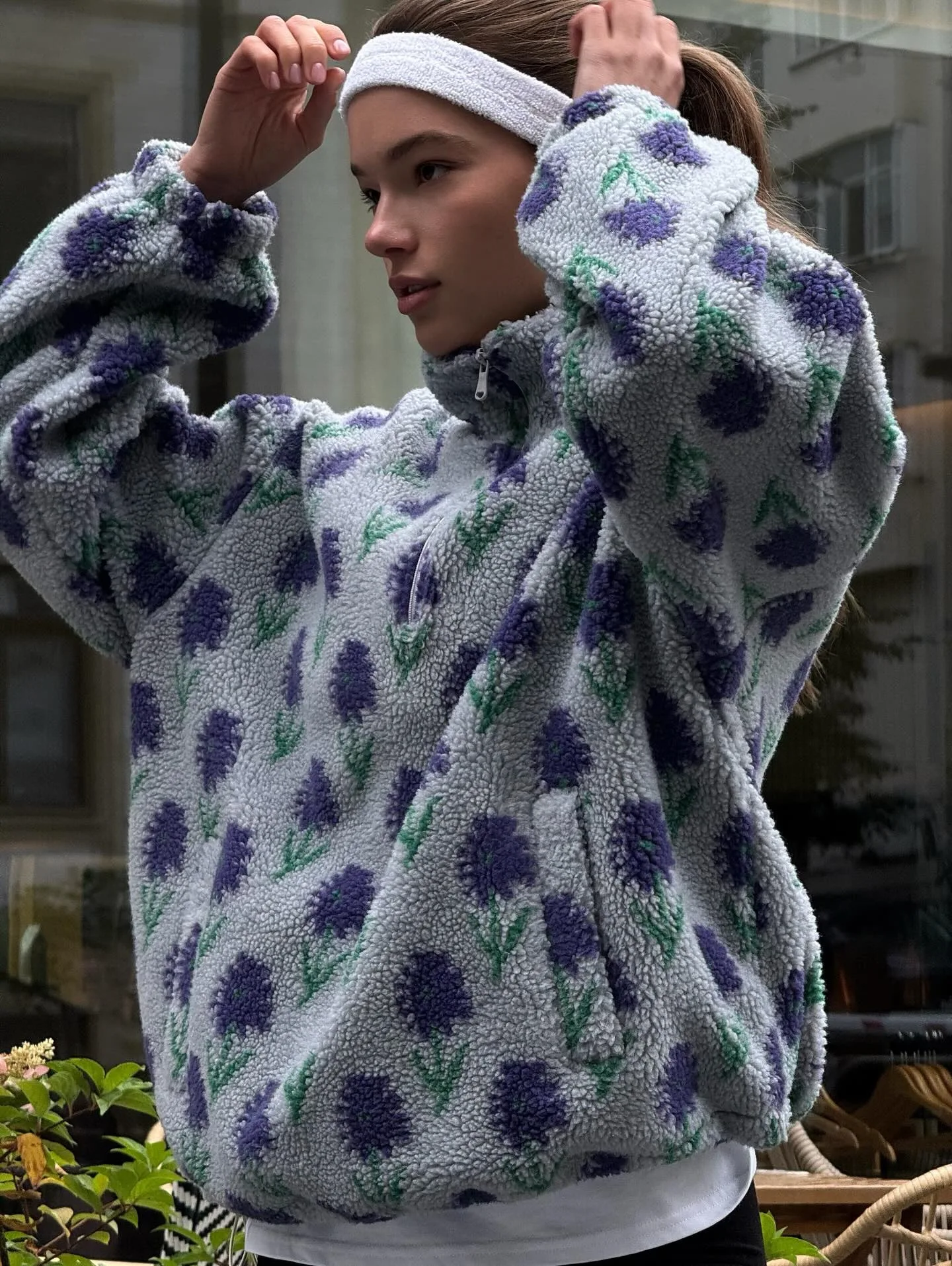 Ticketsx Women Printed Lamb Fur Hoodies Vintage Fashion Floral Contrast Loose Pullover Fall Winter Casual Street Office Hoodies
