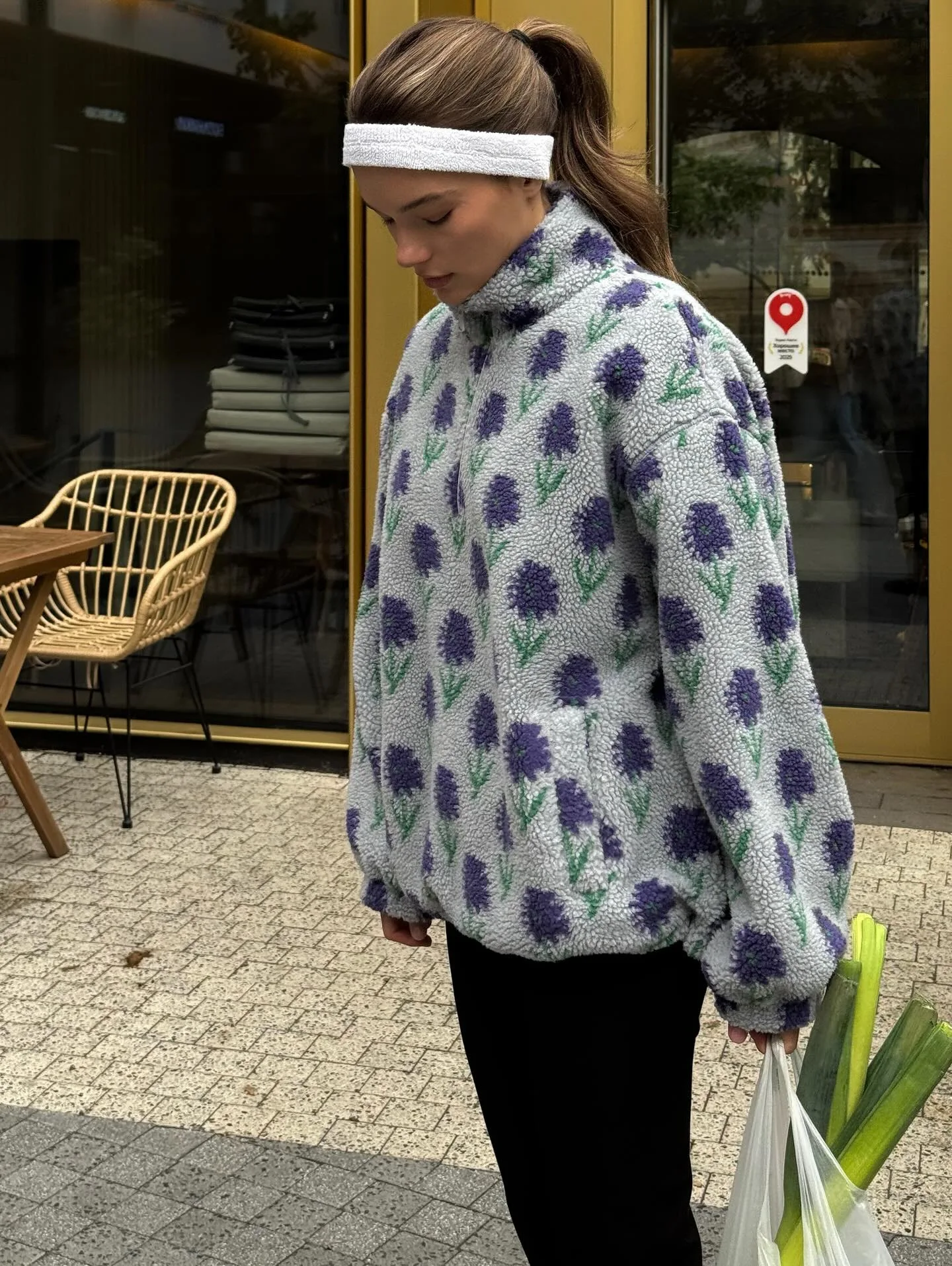 Ticketsx Women Printed Lamb Fur Hoodies Vintage Fashion Floral Contrast Loose Pullover Fall Winter Casual Street Office Hoodies