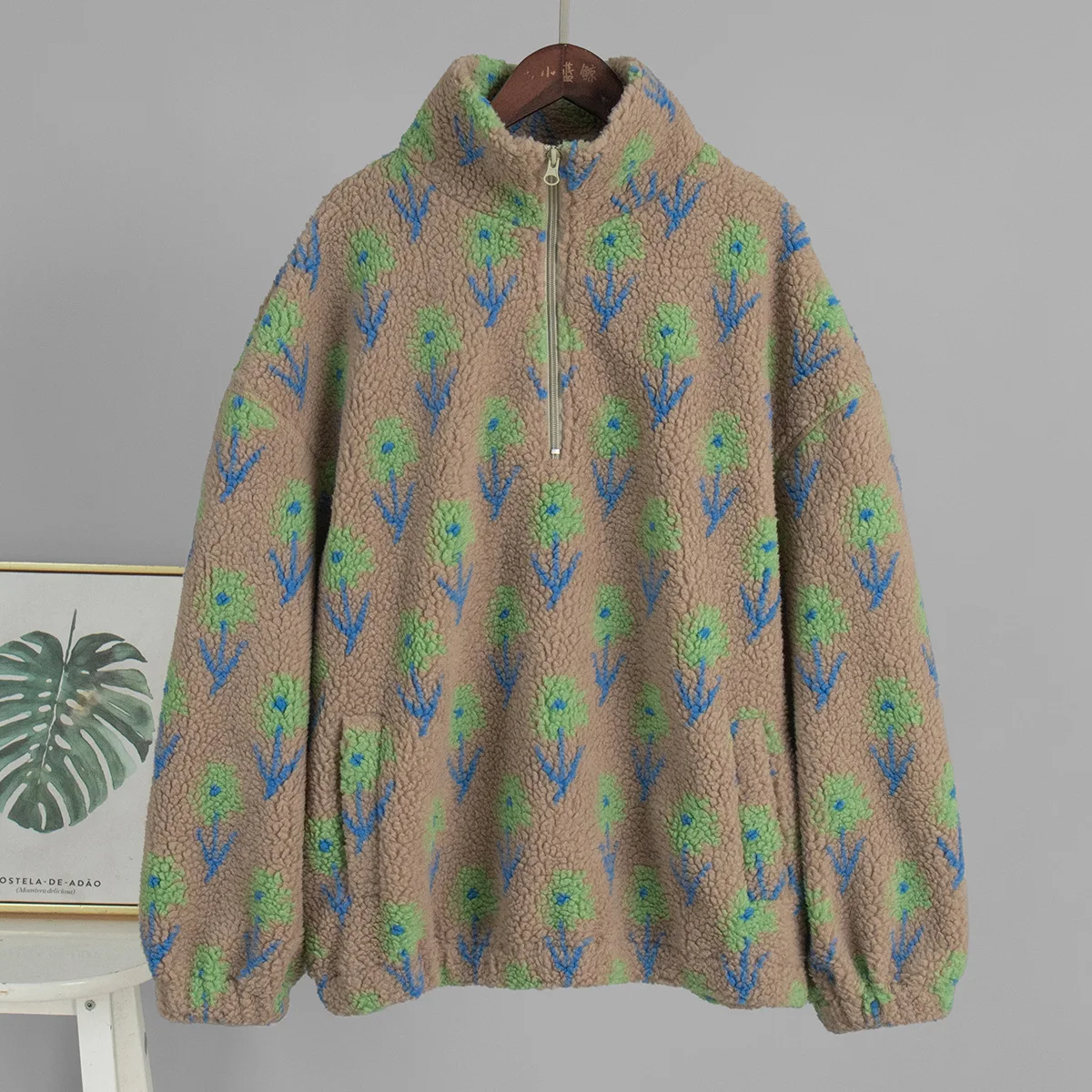 Ticketsx Women Printed Lamb Fur Hoodies Vintage Fashion Floral Contrast Loose Pullover Fall Winter Casual Street Office Hoodies