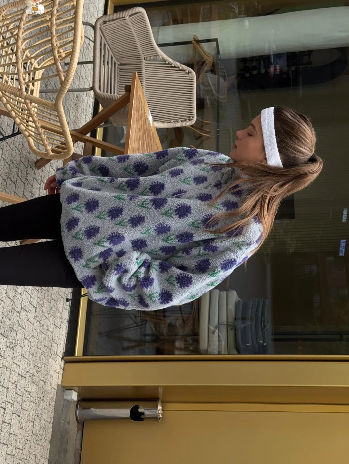 Ticketsx Women Printed Lamb Fur Hoodies Vintage Fashion Floral Contrast Loose Pullover Fall Winter Casual Street Office Hoodies