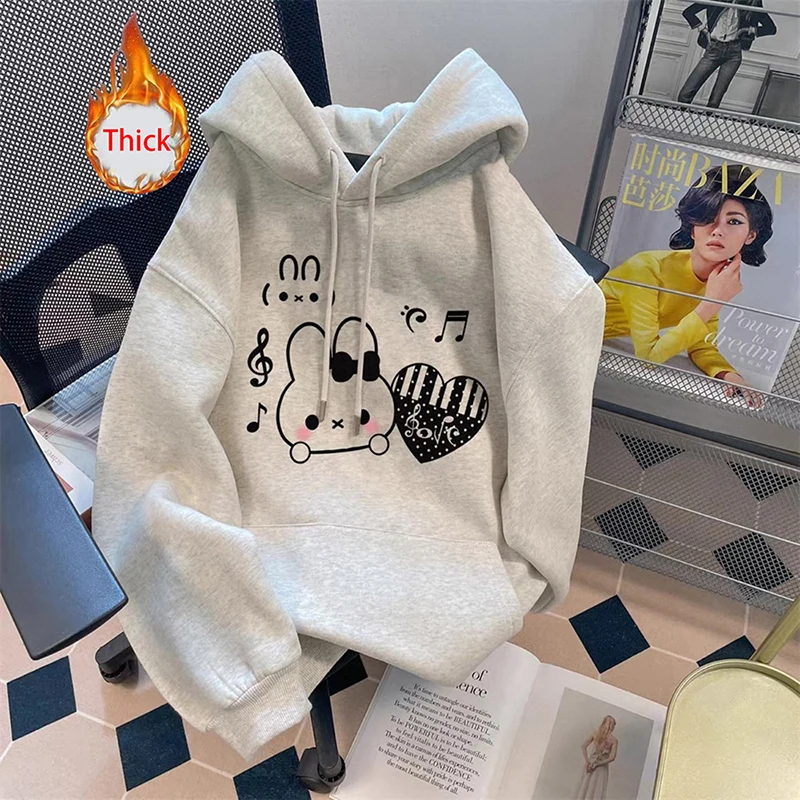 Women Thick Cute Cartoon Hoodies Fashion Long Sleeve Preppy Style Kawaii Tops Coat Fall Winter Sweet Female Warm Loose Pullover