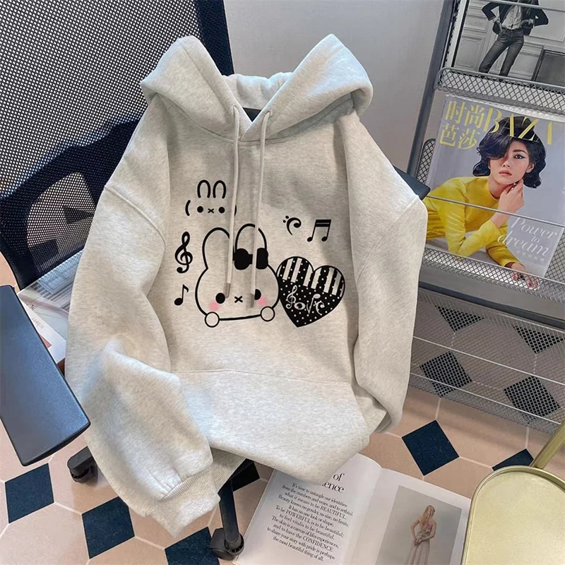 Women Thick Cute Cartoon Hoodies Fashion Long Sleeve Preppy Style Kawaii Tops Coat Fall Winter Sweet Female Warm Loose Pullover