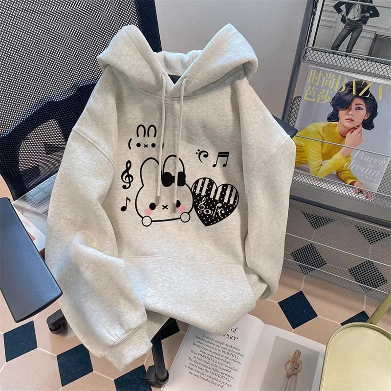 Women Thick Cute Cartoon Hoodies Fashion Long Sleeve Preppy Style Kawaii Tops Coat Fall Winter Sweet Female Warm Loose Pullover
