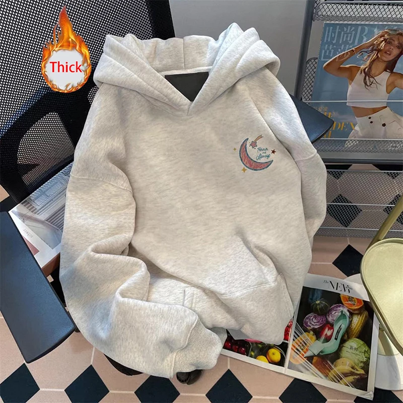 Thick Warm Stars Letter Hoodies Women Vintage Sweet Preppy Style Cute Sweatshirts Fall Winter Soft Long Sleeve Retro Kawaii Tops