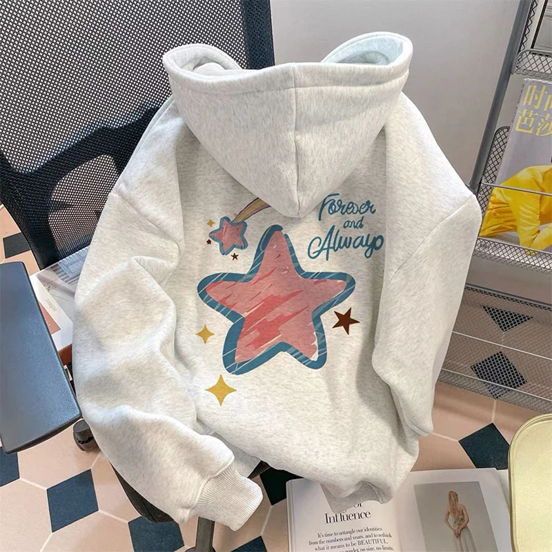 Thick Warm Stars Letter Hoodies Women Vintage Sweet Preppy Style Cute Sweatshirts Fall Winter Soft Long Sleeve Retro Kawaii Tops