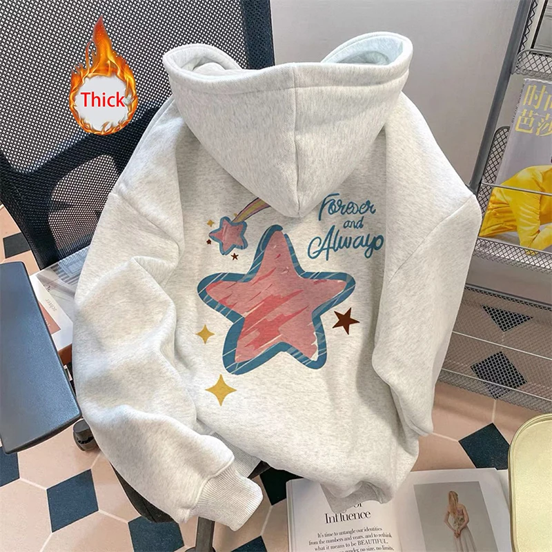 Thick Warm Stars Letter Hoodies Women Vintage Sweet Preppy Style Cute Sweatshirts Fall Winter Soft Long Sleeve Retro Kawaii Tops
