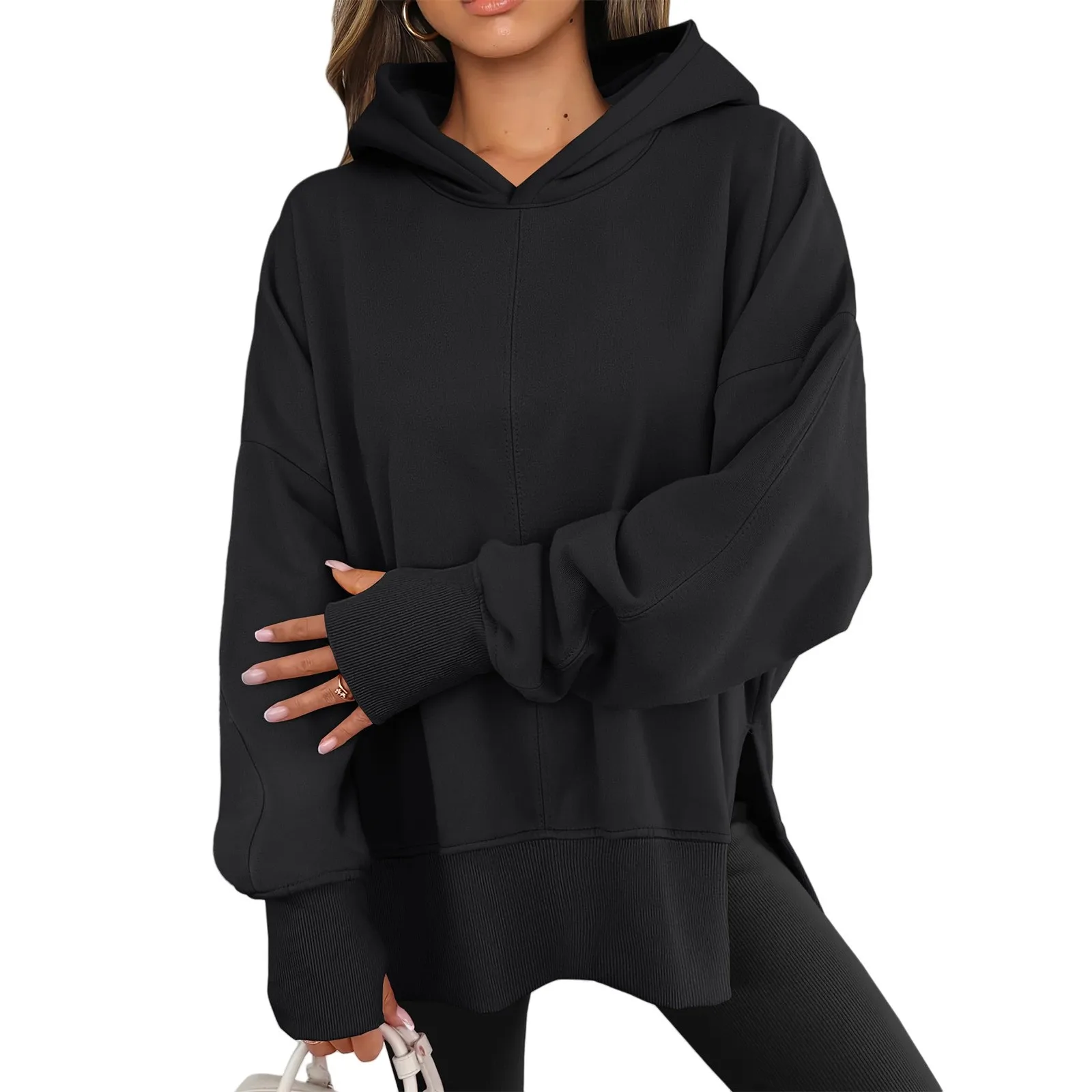 Pullover Round Neck Batwing Hoodie Japanese Korean Casual Women Sweatshirt with Regular Length Long Sleeve No Iron Finish Autumn