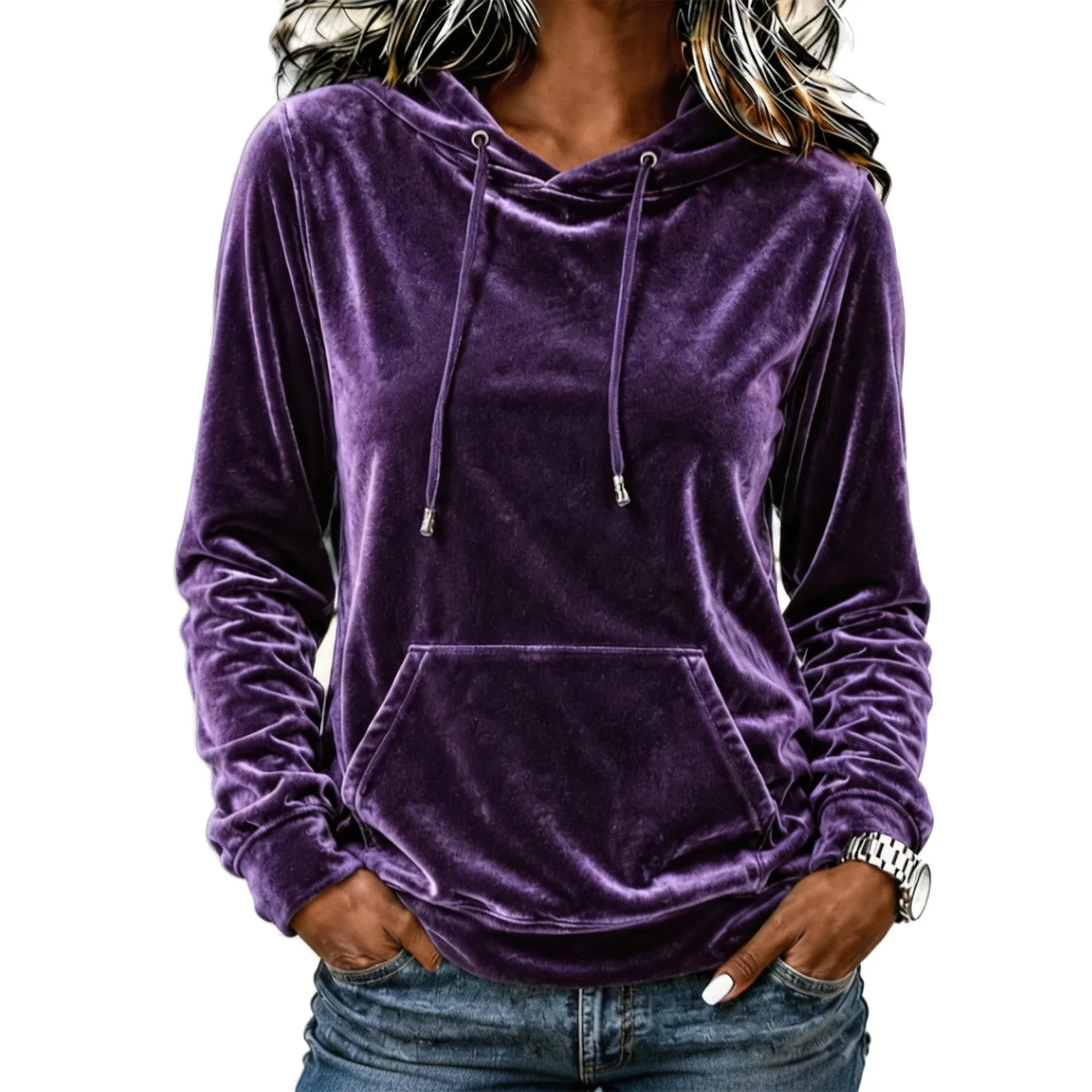 Women Velvet Hoodie Sweatshirt Long Sleeve Drawstring Hood Pocket Solid Velour Pullover Top Casual Soft Autumn Winter Streetwear
