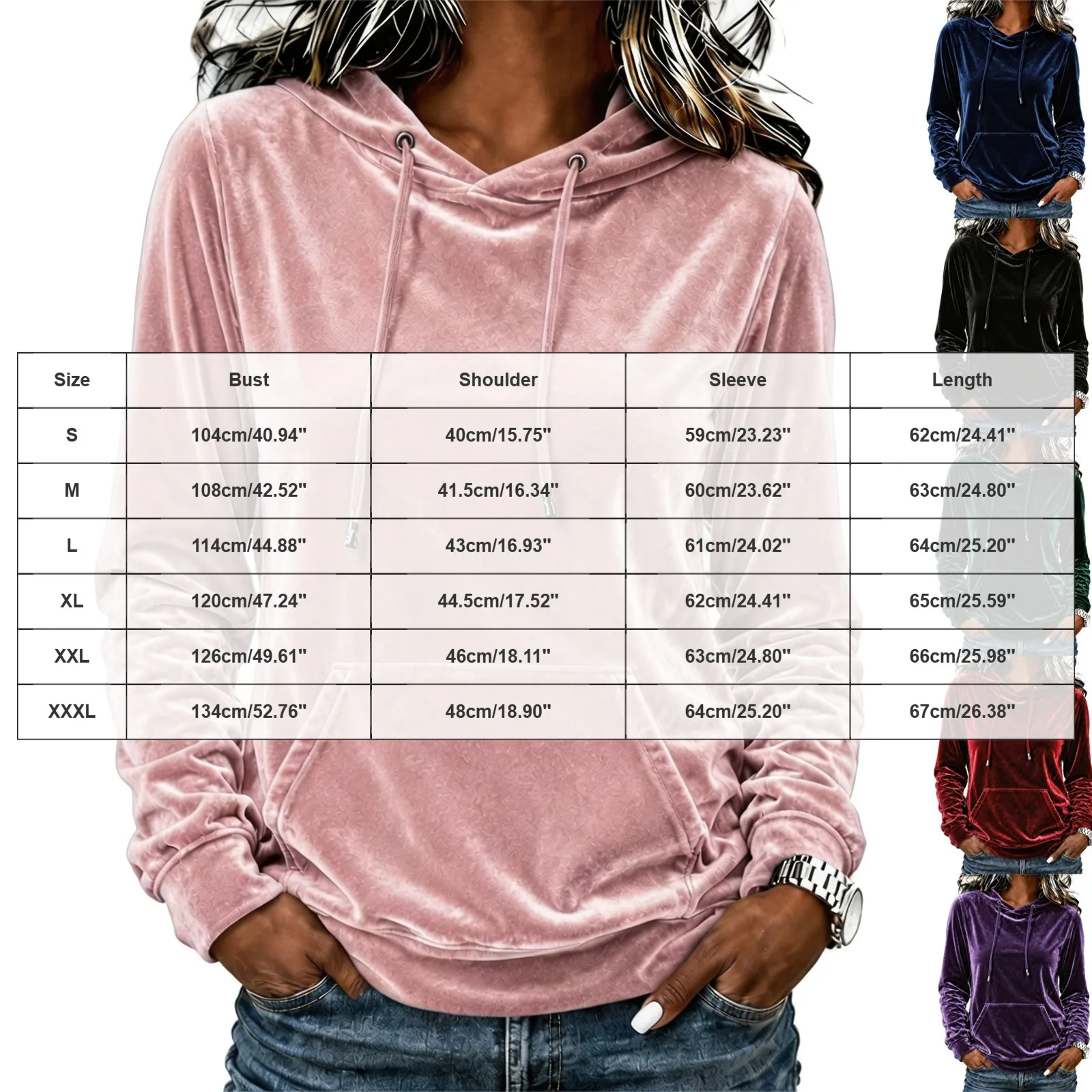 Women Velvet Hoodie Sweatshirt Long Sleeve Drawstring Hood Pocket Solid Velour Pullover Top Casual Soft Autumn Winter Streetwear