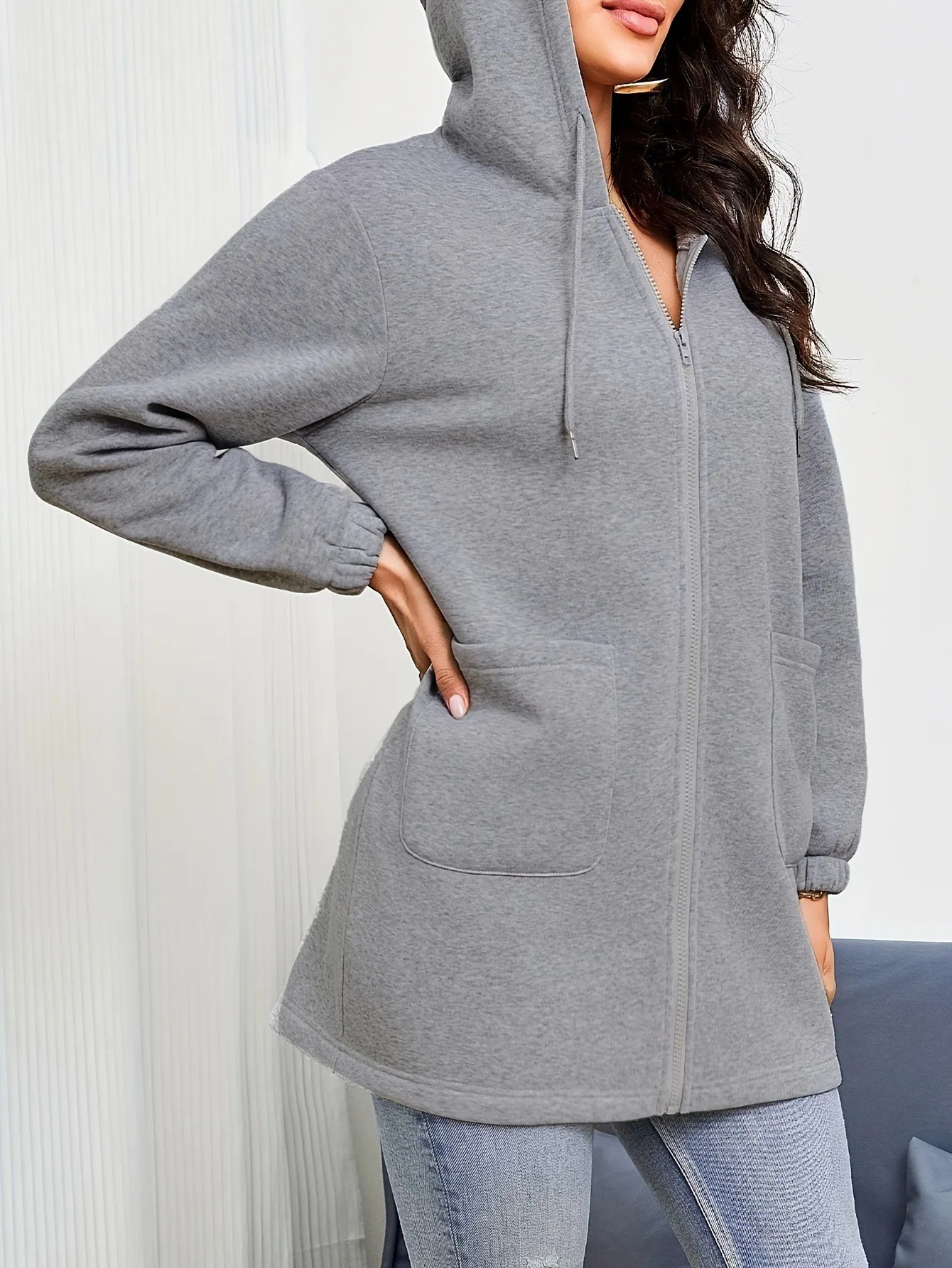 Women's And Women Zip-Up Hoodie Thick Loose Fit Long Sleeve Mid Length Casual Basic Zipper Sweatshirt Regular Sleeve with Front