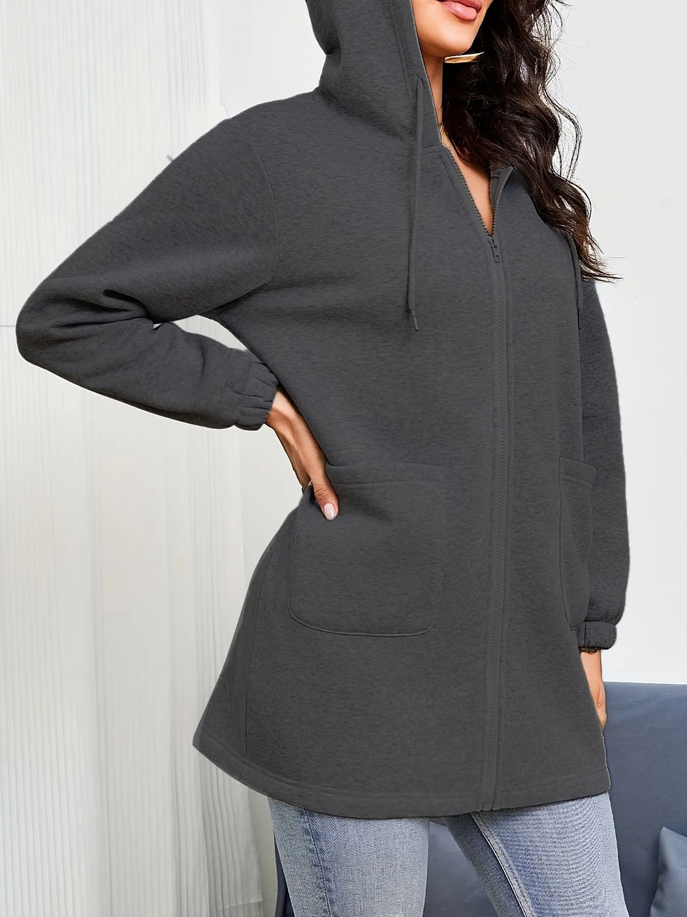 Women's And Women Zip-Up Hoodie Thick Loose Fit Long Sleeve Mid Length Casual Basic Zipper Sweatshirt Regular Sleeve with Front