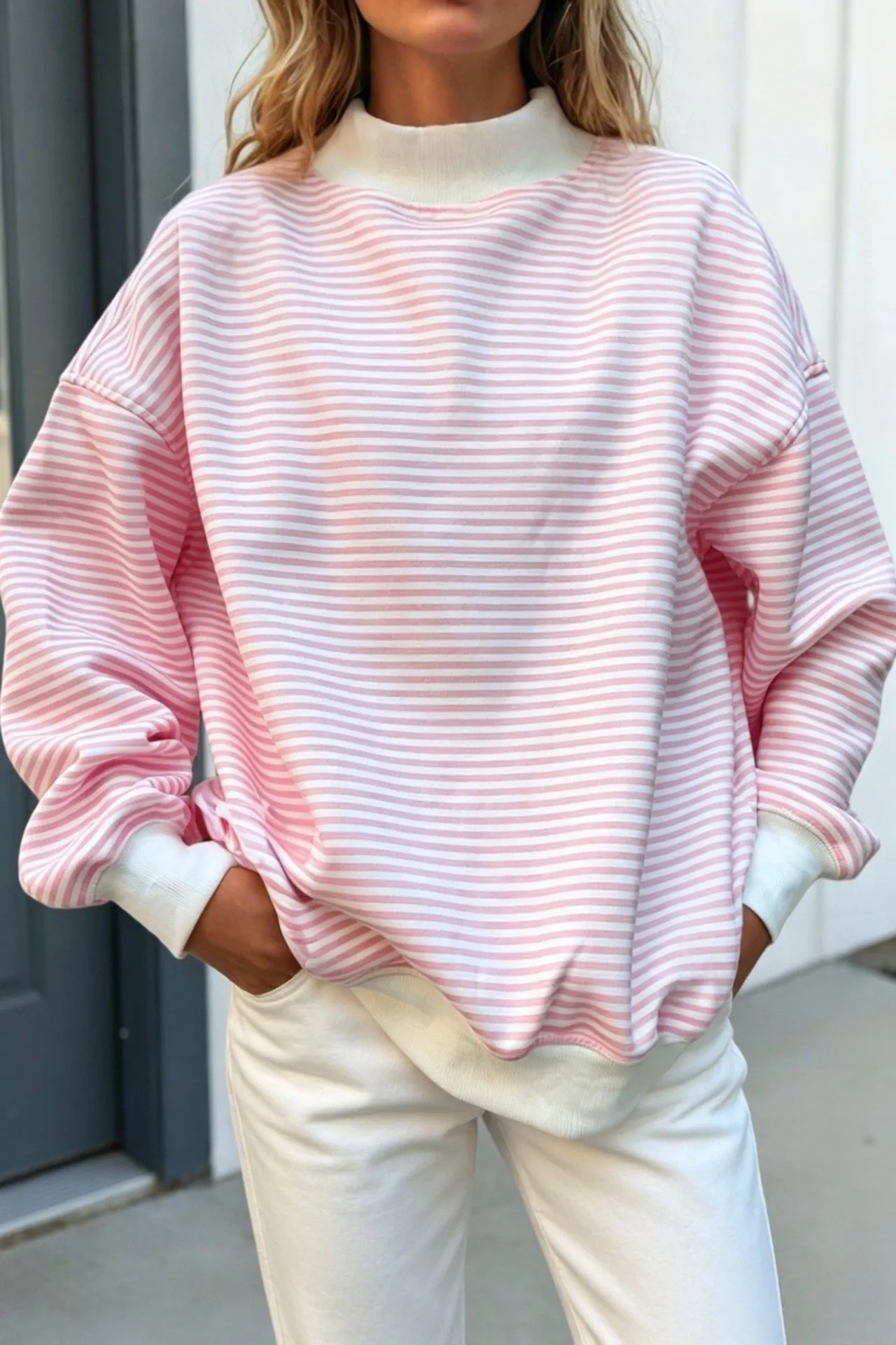 Casual Long Sleeve Hoodie Regular Length Western Style with Striped Mock Neck Pullover Women Sweatshirts for Autumn Streetwear