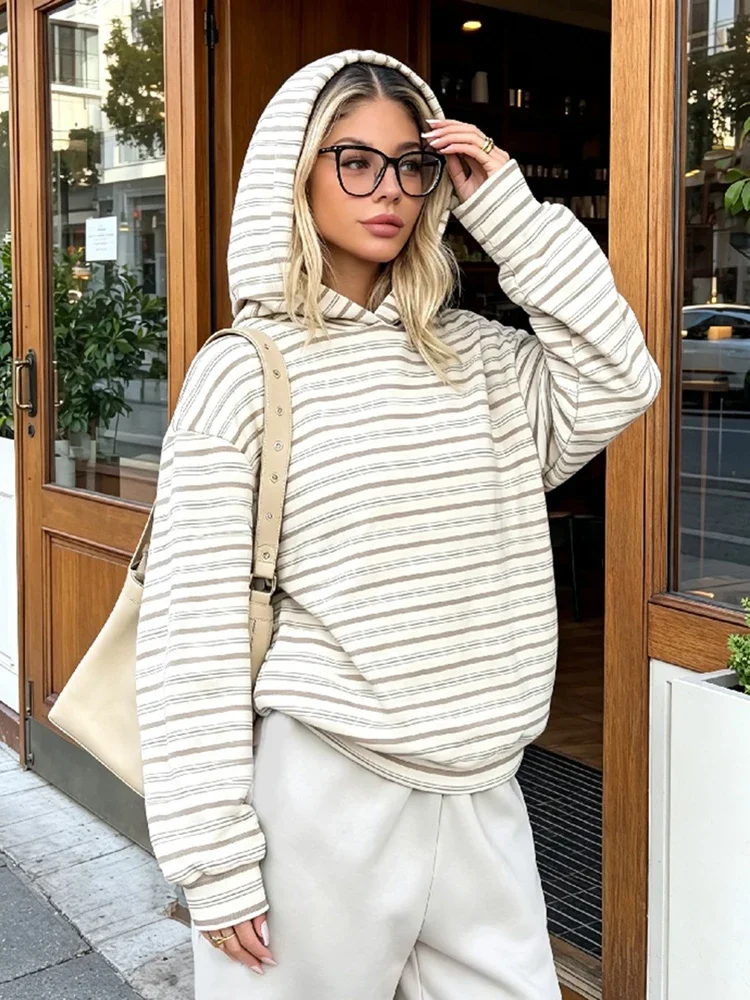 Oversized Sweatshirt Women Striped Hoodie Loose Long Sleeve Pullover Autumn New Fashion Lady's Commute Sport Cozy Versatile Top