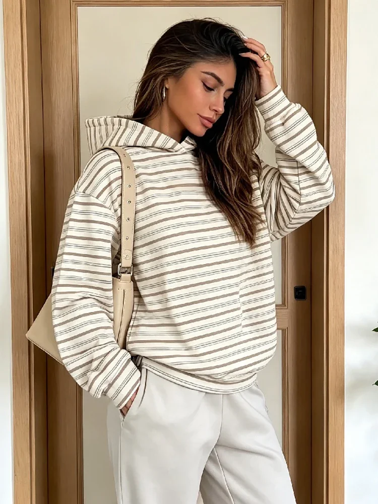 Oversized Sweatshirt Women Striped Hoodie Loose Long Sleeve Pullover Autumn New Fashion Lady's Commute Sport Cozy Versatile Top