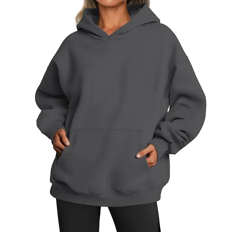 Casual Hoodie Pocket Loose Fit Streetwear with Street Style Mid Length Regular Thickness Hooded Autumn Long Sleeve Women Hoodie