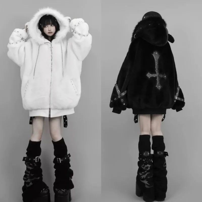 Harajuku Gothic Punk Dark Academia Clothes Fur Patchwork Hoodie Sweatshirts 2025 Autumn Winter New Cardigan Coat Women