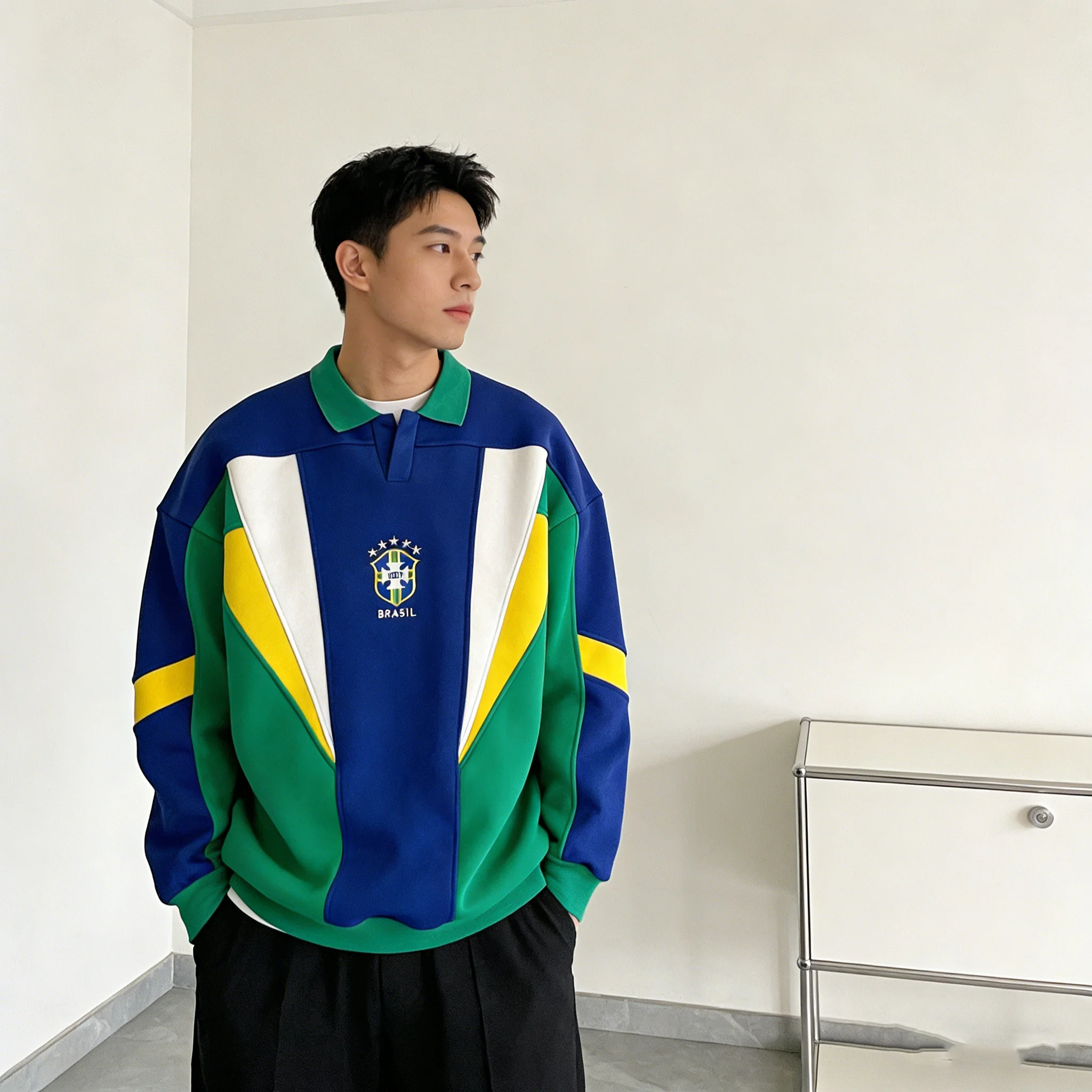 Y2K Autumn and Spring Loose Brazilian Letter Embroidery Three-Dimensional Splicing Design Men's and Women's Sports Tops