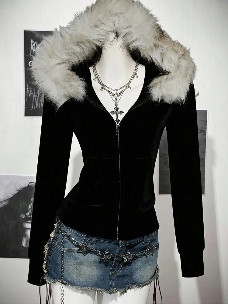 American Retro Y2K Waist-Cinched Fur Collar Hooded Sweatshirt Solid Color Coat for Women's Autumn and Winter Zipper Slimming Top
