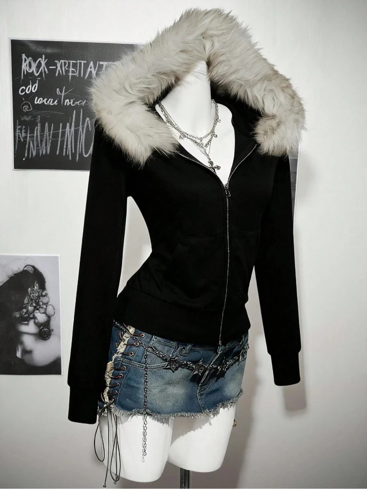 American Retro Y2K Waist-Cinched Fur Collar Hooded Sweatshirt Solid Color Coat for Women's Autumn and Winter Zipper Slimming Top