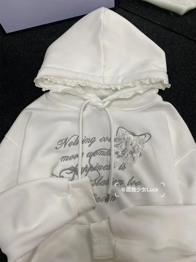 Sweet Lace Splicing College Style Embroidered Hoodie Women Clothing Autumn/Winter Plush Korean Chic Casual Sweatshirt Women Top