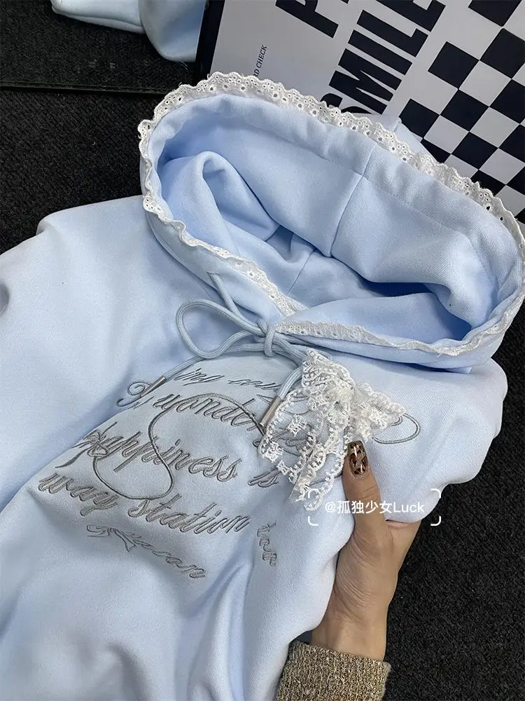 Sweet Lace Splicing College Style Embroidered Hoodie Women Clothing Autumn/Winter Plush Korean Chic Casual Sweatshirt Women Top