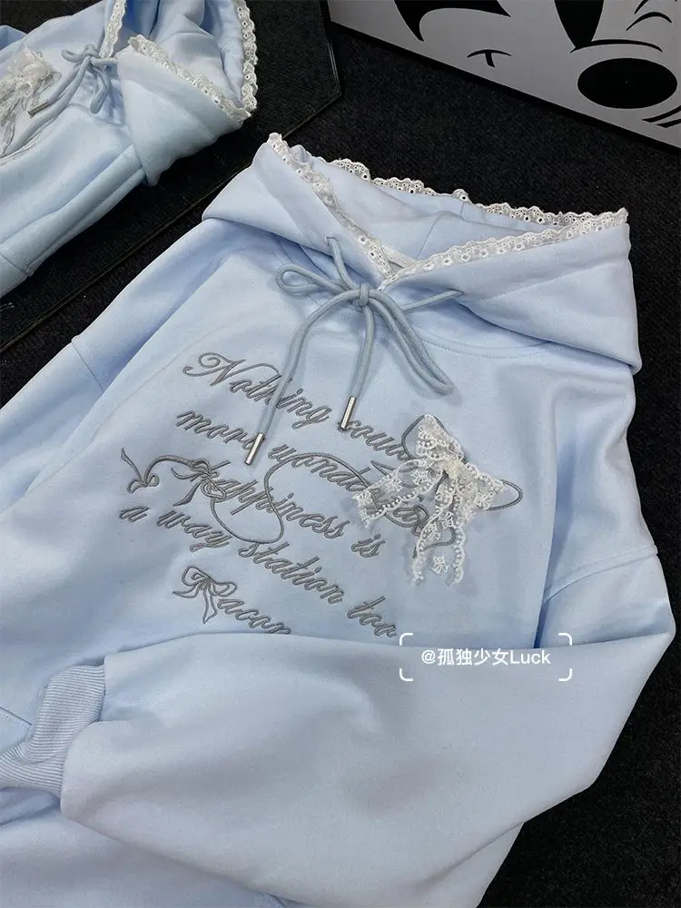 Sweet Lace Splicing College Style Embroidered Hoodie Women Clothing Autumn/Winter Plush Korean Chic Casual Sweatshirt Women Top