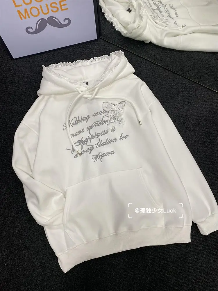 Sweet Lace Splicing College Style Embroidered Hoodie Women Clothing Autumn/Winter Plush Korean Chic Casual Sweatshirt Women Top