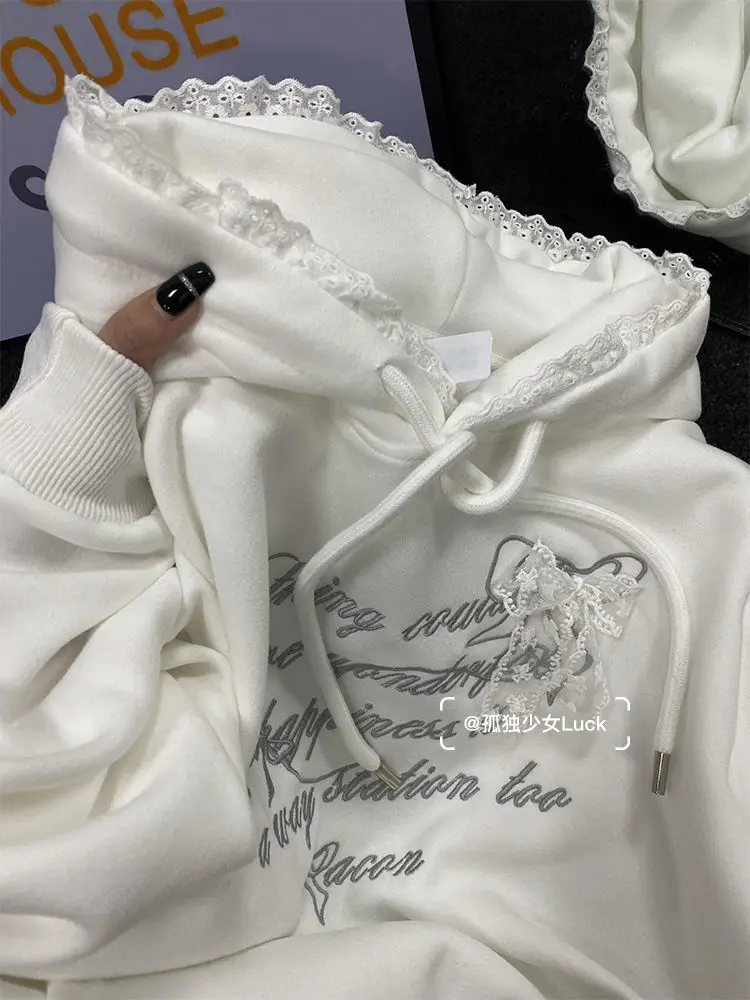 Sweet Lace Splicing College Style Embroidered Hoodie Women Clothing Autumn/Winter Plush Korean Chic Casual Sweatshirt Women Top