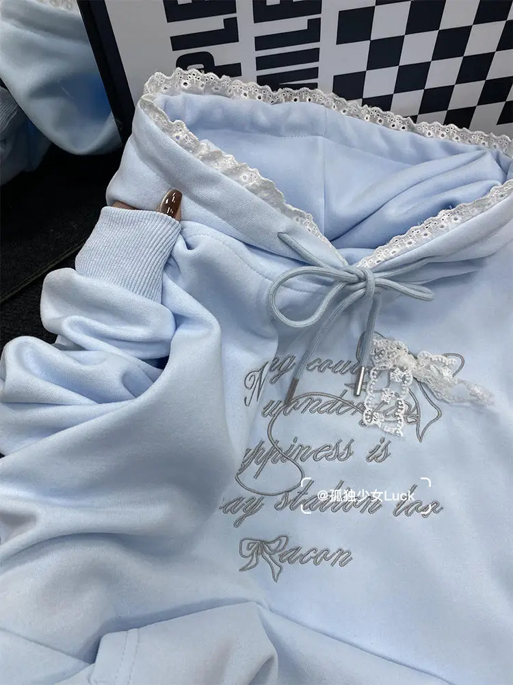 Sweet Lace Splicing College Style Embroidered Hoodie Women Clothing Autumn/Winter Plush Korean Chic Casual Sweatshirt Women Top