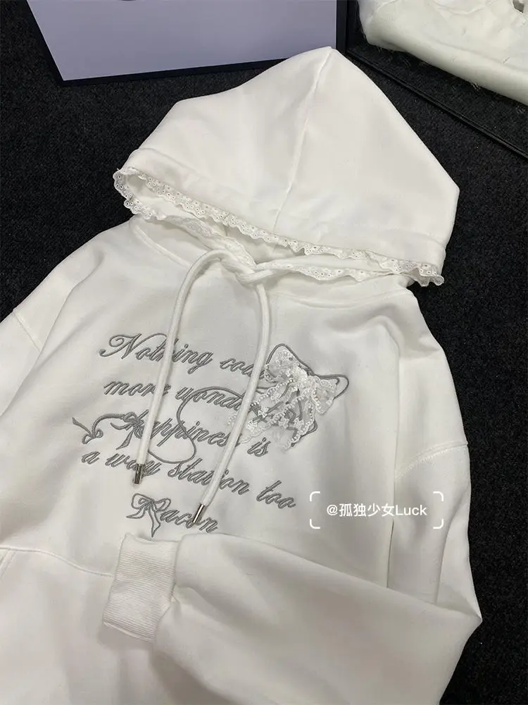 Sweet Lace Splicing College Style Embroidered Hoodie Women Clothing Autumn/Winter Plush Korean Chic Casual Sweatshirt Women Top
