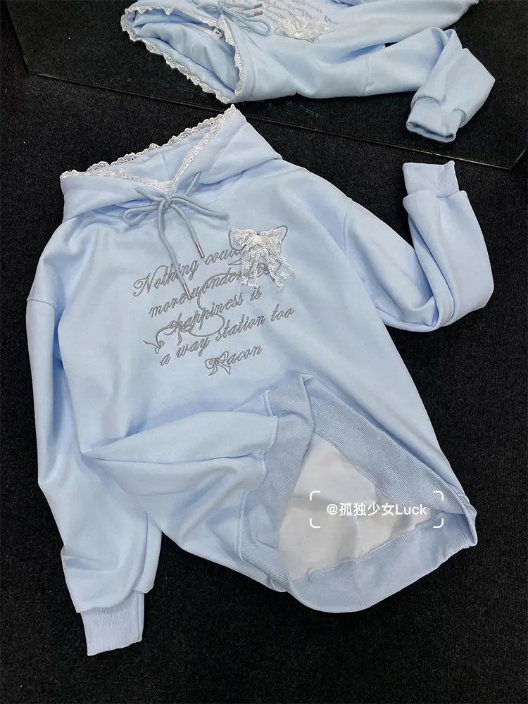 Sweet Lace Splicing College Style Embroidered Hoodie Women Clothing Autumn/Winter Plush Korean Chic Casual Sweatshirt Women Top