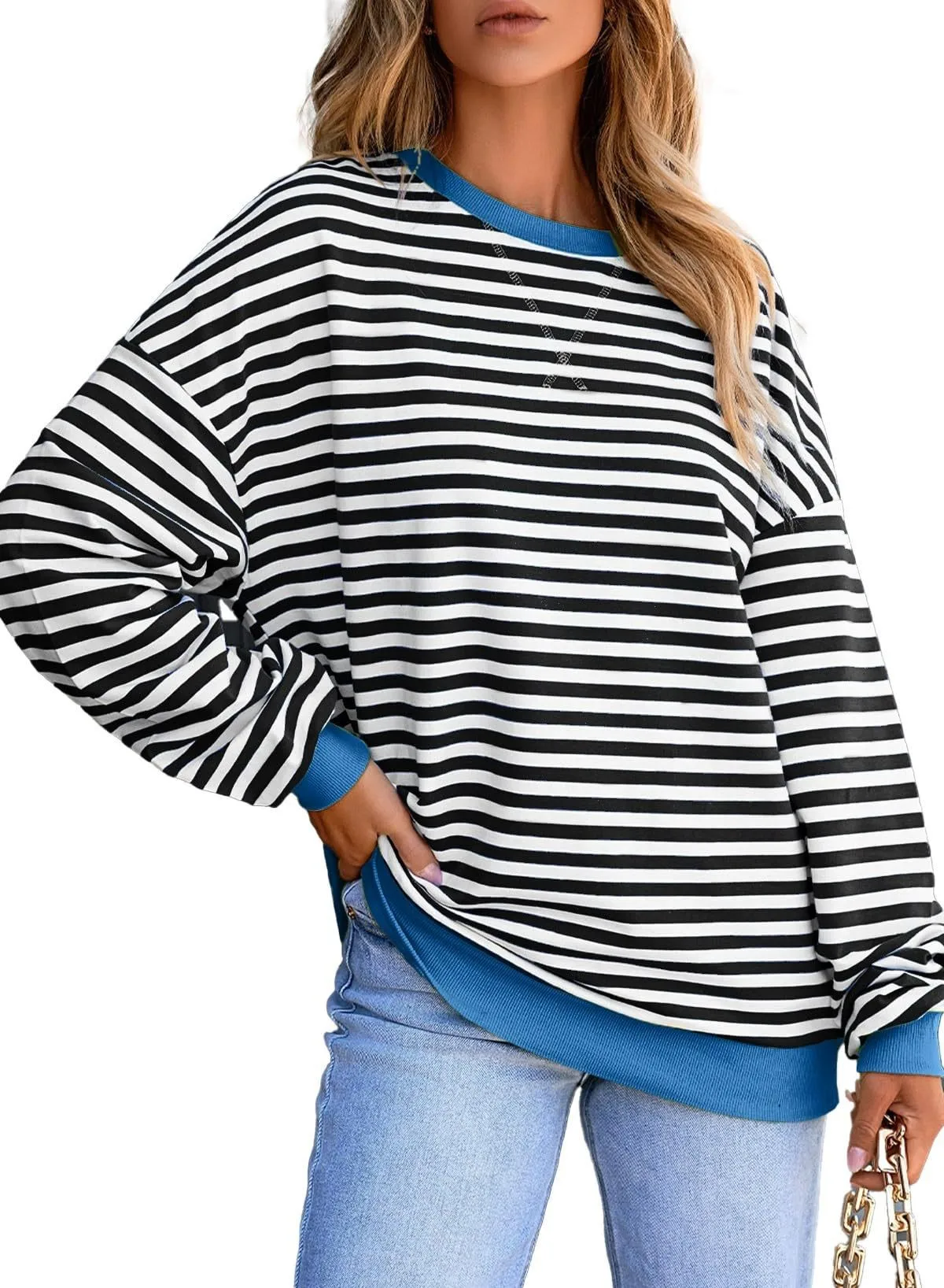 Striped Loose Fit Hoodie Mid Length Hip Hop with Long Sleeve Pullover Regular Sleeve Streetwear Plaid Autumn Women Sweatshirts