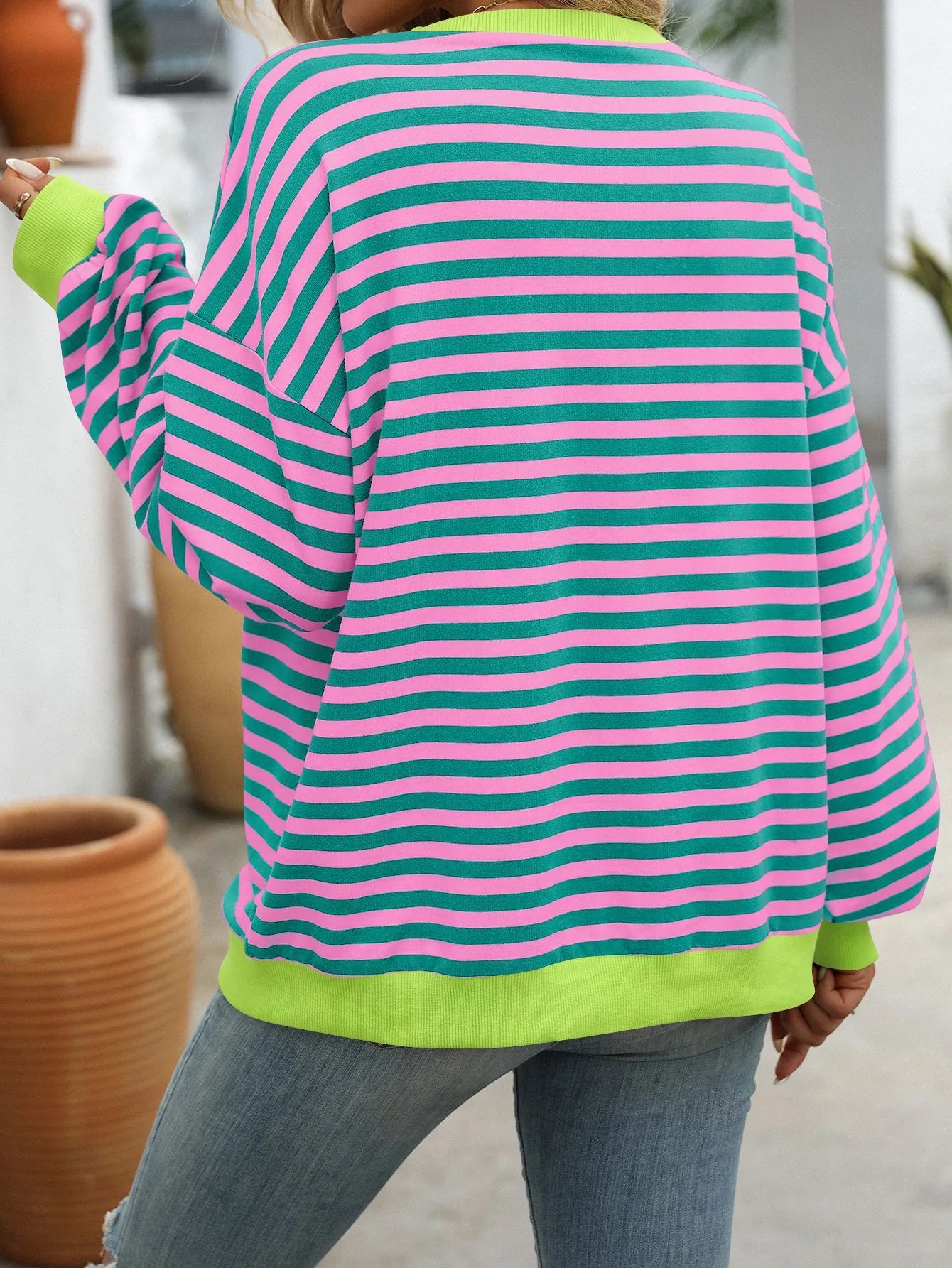 Striped Loose Fit Hoodie Mid Length Hip Hop with Long Sleeve Pullover Regular Sleeve Streetwear Plaid Autumn Women Sweatshirts