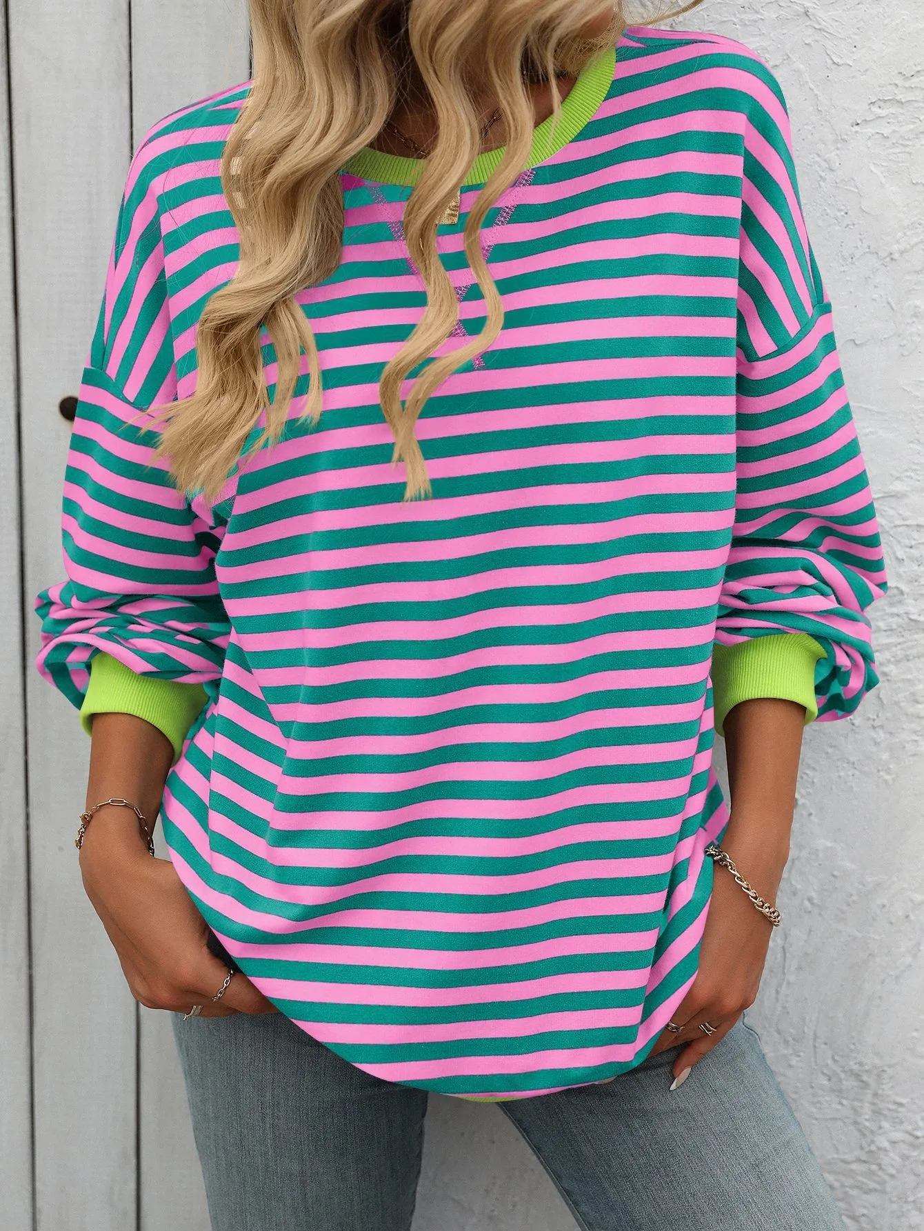 Striped Loose Fit Hoodie Mid Length Hip Hop with Long Sleeve Pullover Regular Sleeve Streetwear Plaid Autumn Women Sweatshirts