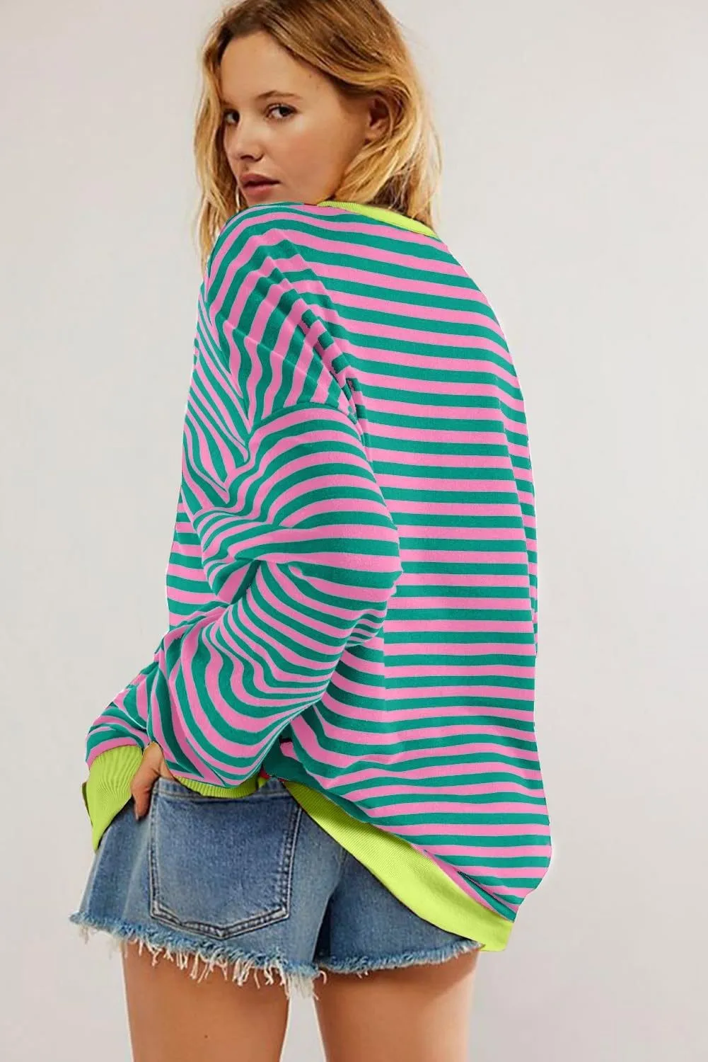 Striped Loose Fit Hoodie Mid Length Hip Hop with Long Sleeve Pullover Regular Sleeve Streetwear Plaid Autumn Women Sweatshirts