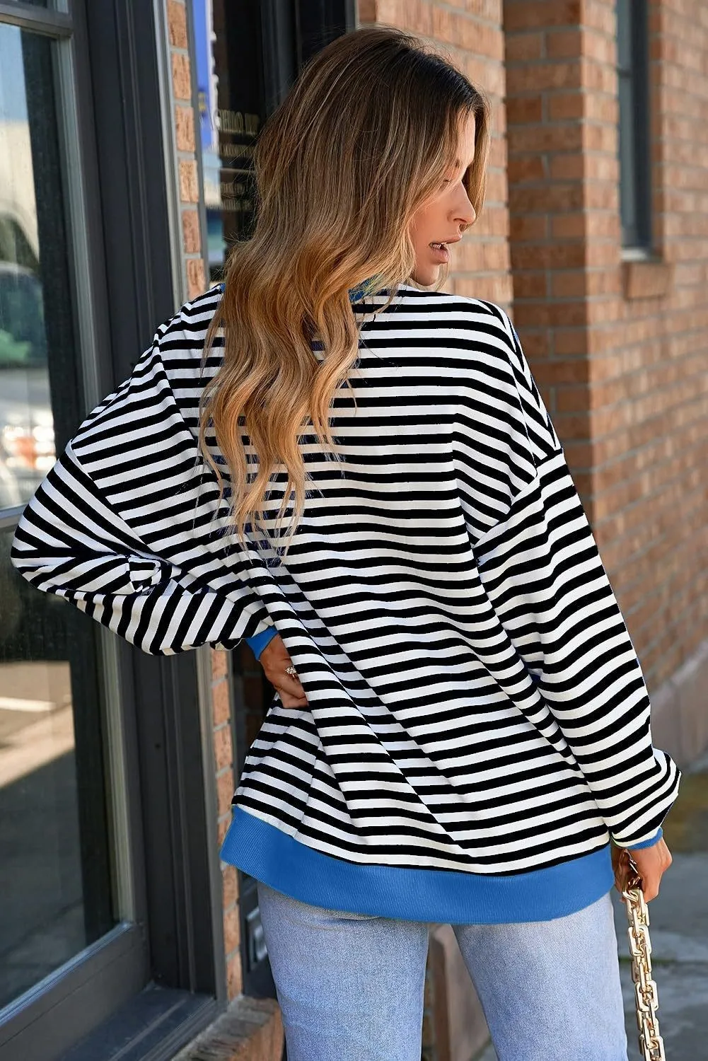 Striped Loose Fit Hoodie Mid Length Hip Hop with Long Sleeve Pullover Regular Sleeve Streetwear Plaid Autumn Women Sweatshirts