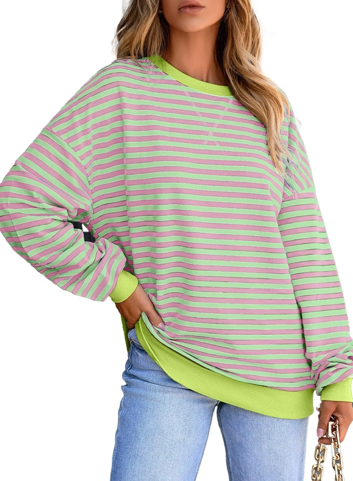 Striped Loose Fit Hoodie Mid Length Hip Hop with Long Sleeve Pullover Regular Sleeve Streetwear Plaid Autumn Women Sweatshirts