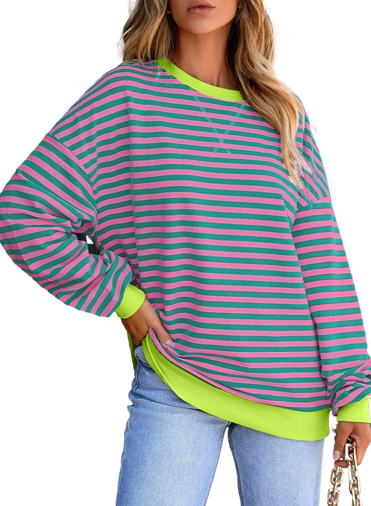 Striped Loose Fit Hoodie Mid Length Hip Hop with Long Sleeve Pullover Regular Sleeve Streetwear Plaid Autumn Women Sweatshirts