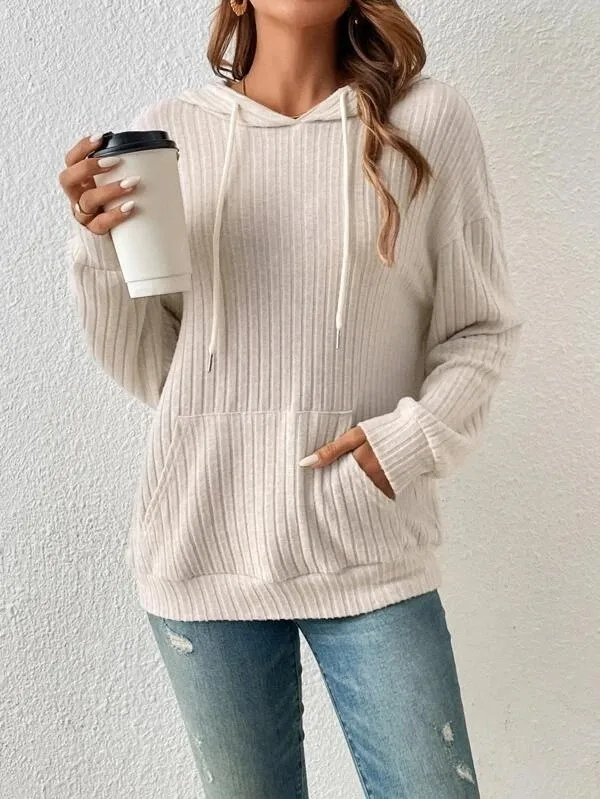 Women's Sweater Hoodie Winter Clothing Drop Shoulder Loose Fit Brushed Cotton Striped Long Sleeve with Kangaroo Pocket Casual