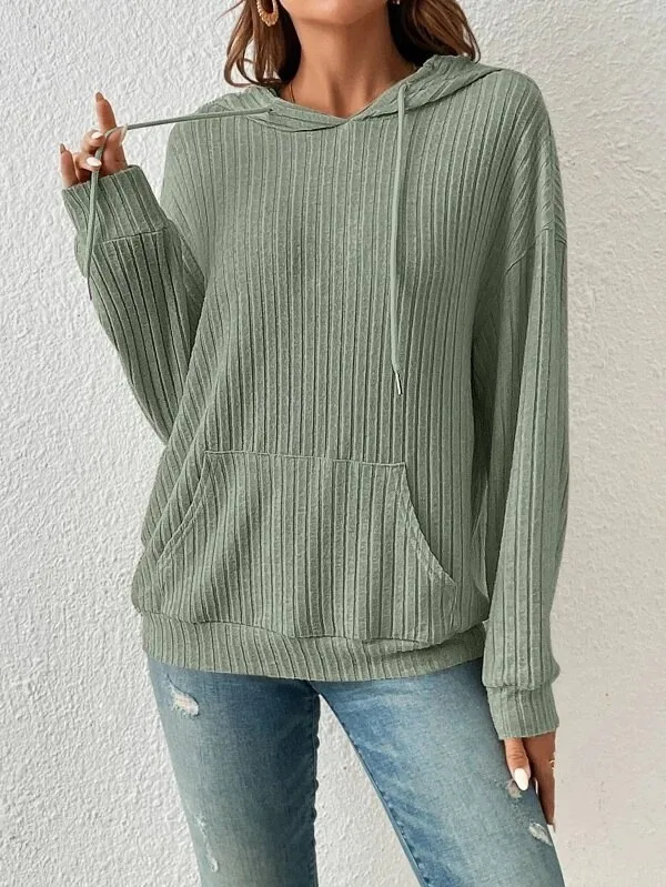 Women's Sweater Hoodie Winter Clothing Drop Shoulder Loose Fit Brushed Cotton Striped Long Sleeve with Kangaroo Pocket Casual