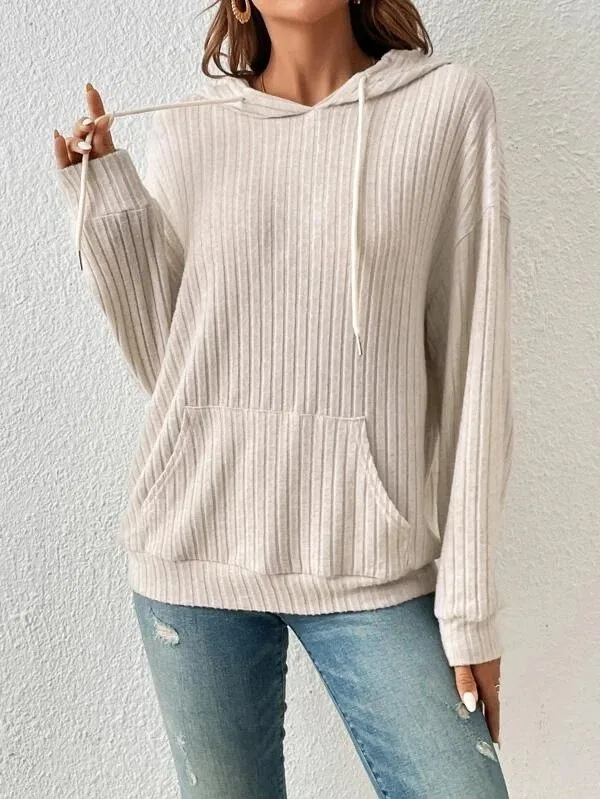 Women's Sweater Hoodie Winter Clothing Drop Shoulder Loose Fit Brushed Cotton Striped Long Sleeve with Kangaroo Pocket Casual