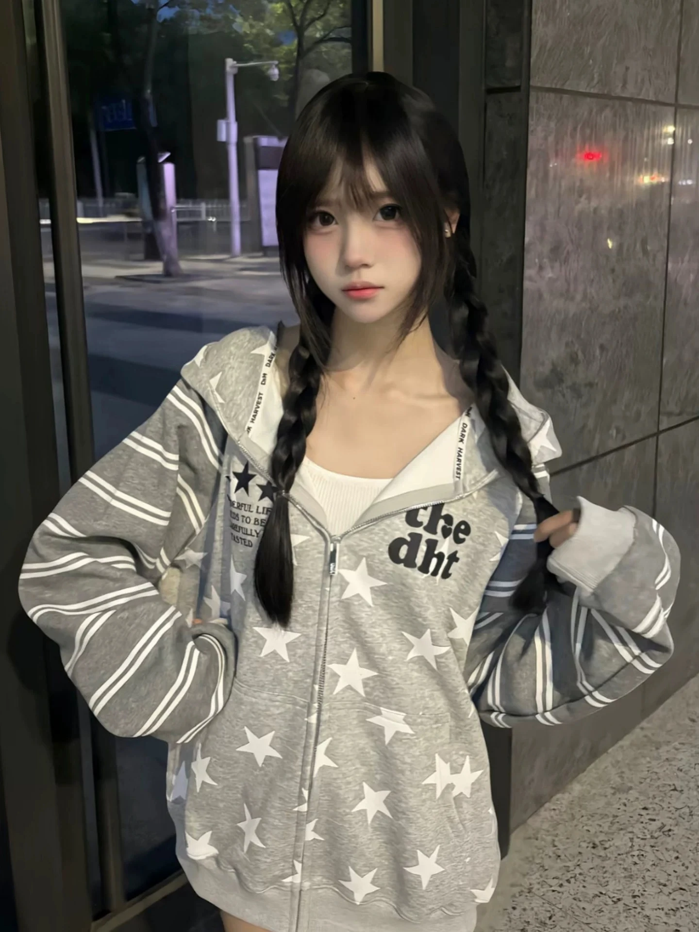 Aoaiiys Star Print Hoodies Women Streetwear Y2k Zipper Hoodie Embroidery Letter Streetwear Hooded Striped Patchwork Sweatshirts