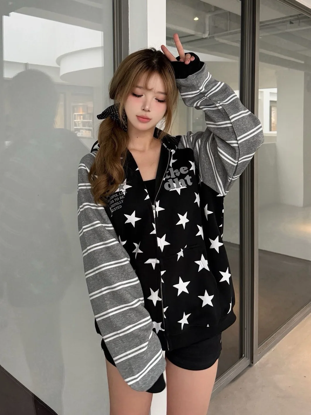 Aoaiiys Star Print Hoodies Women Streetwear Y2k Zipper Hoodie Embroidery Letter Streetwear Hooded Striped Patchwork Sweatshirts