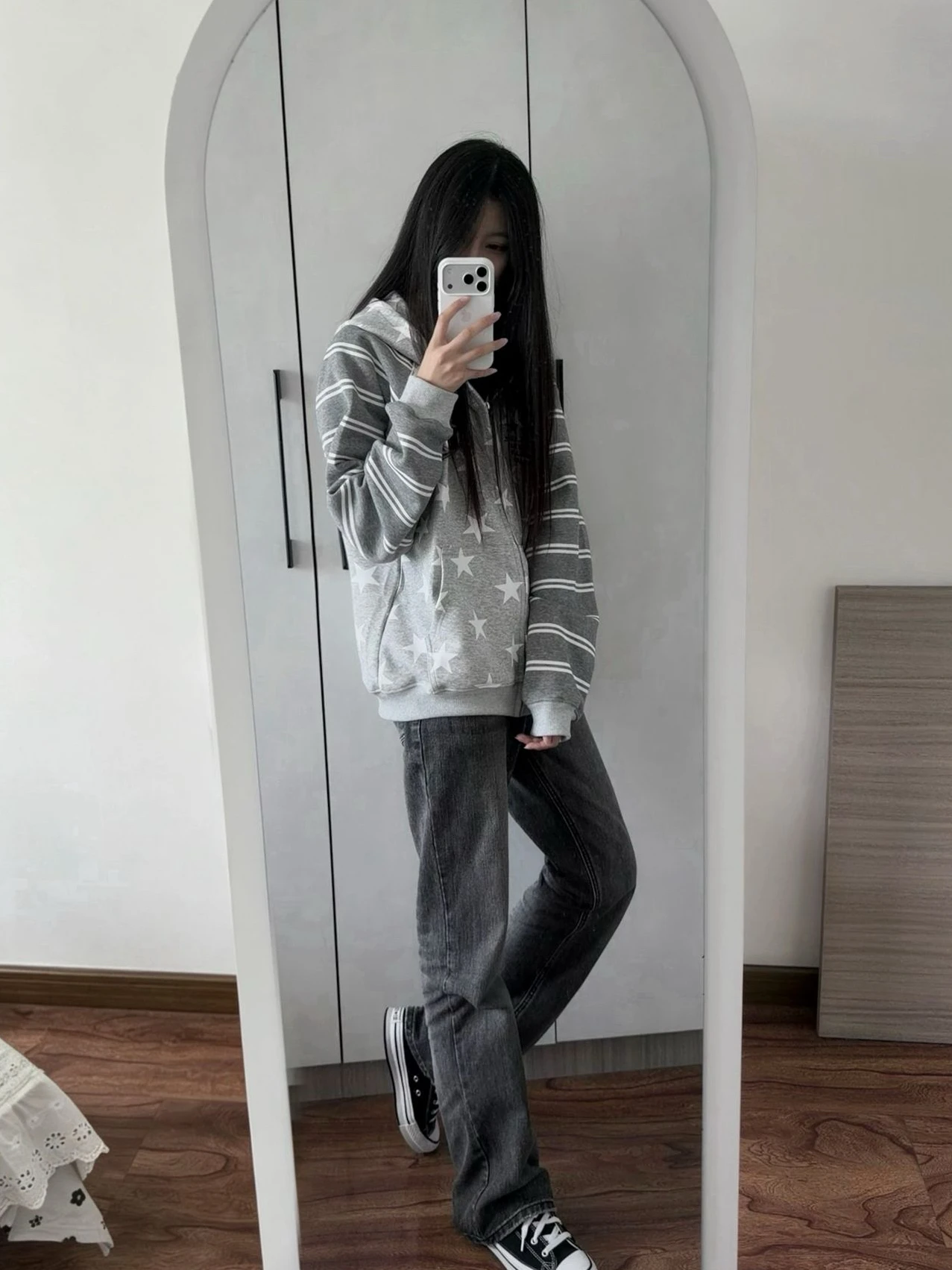 Aoaiiys Star Print Hoodies Women Streetwear Y2k Zipper Hoodie Embroidery Letter Streetwear Hooded Striped Patchwork Sweatshirts