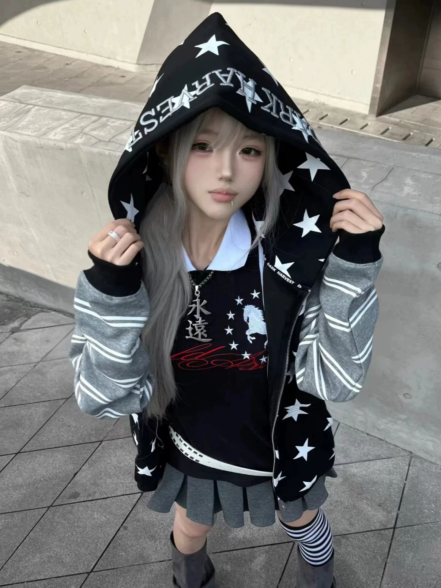 Aoaiiys Star Print Hoodies Women Streetwear Y2k Zipper Hoodie Embroidery Letter Streetwear Hooded Striped Patchwork Sweatshirts