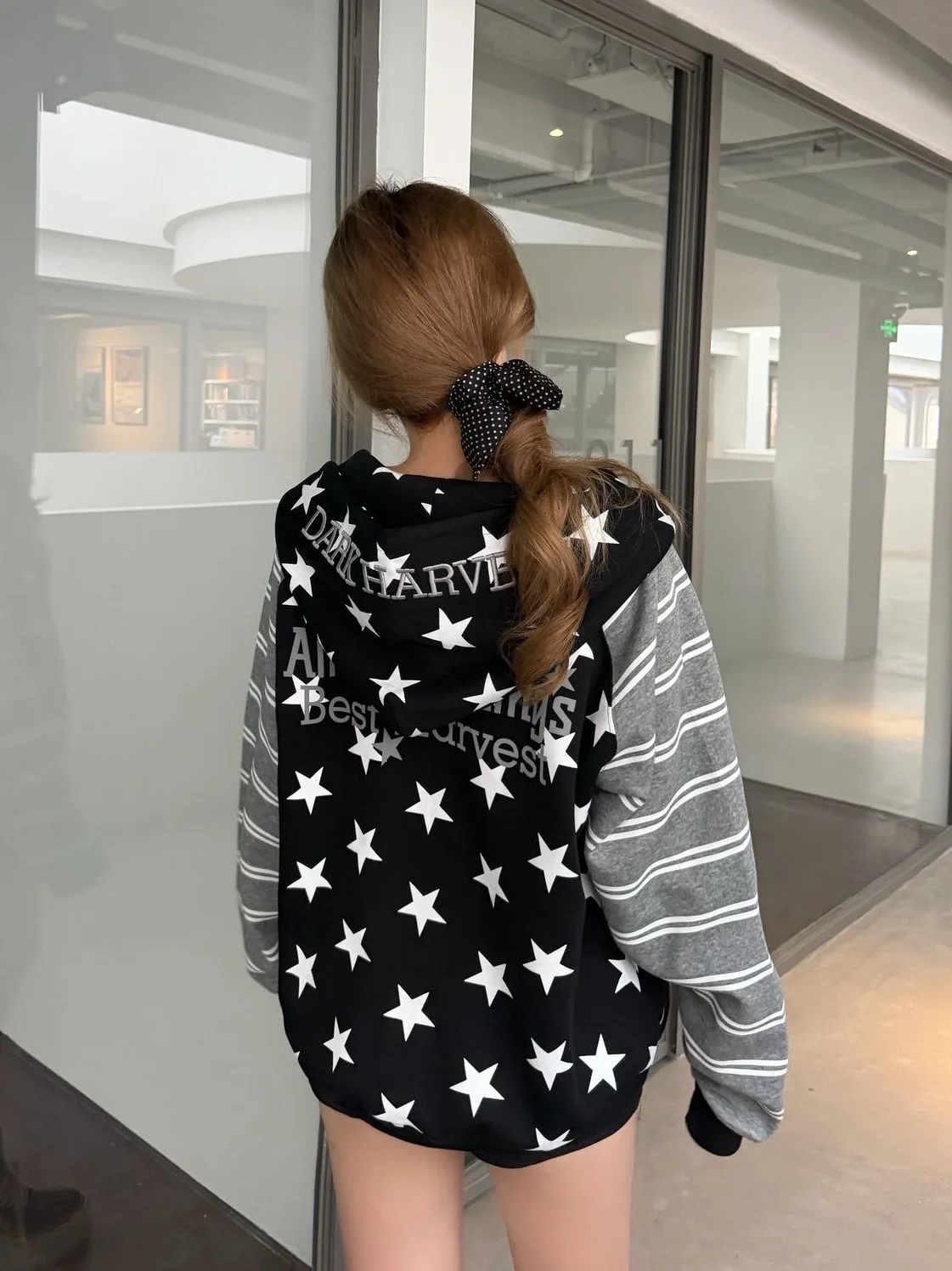 Aoaiiys Star Print Hoodies Women Streetwear Y2k Zipper Hoodie Embroidery Letter Streetwear Hooded Striped Patchwork Sweatshirts