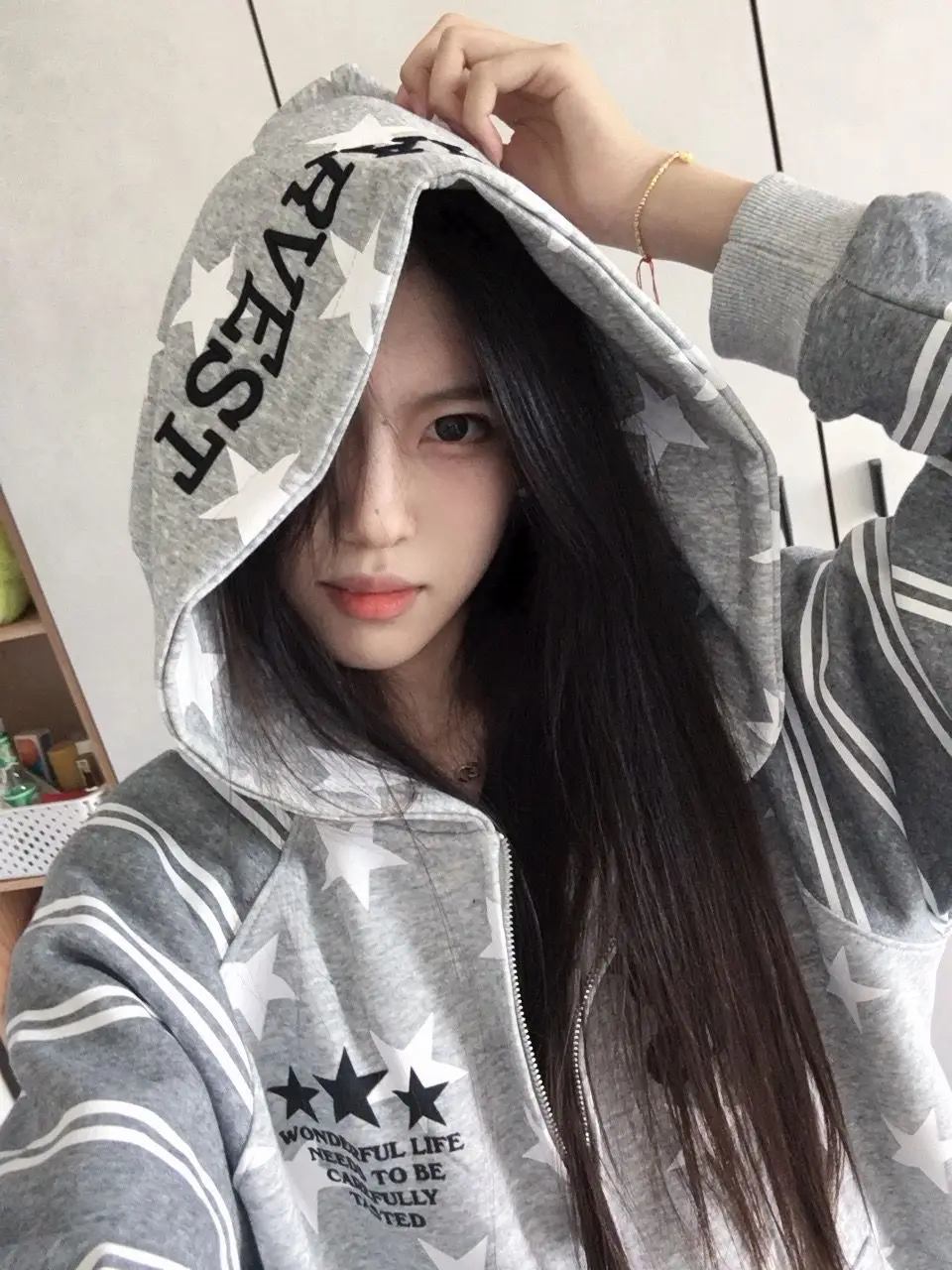 Aoaiiys Star Print Hoodies Women Streetwear Y2k Zipper Hoodie Embroidery Letter Streetwear Hooded Striped Patchwork Sweatshirts