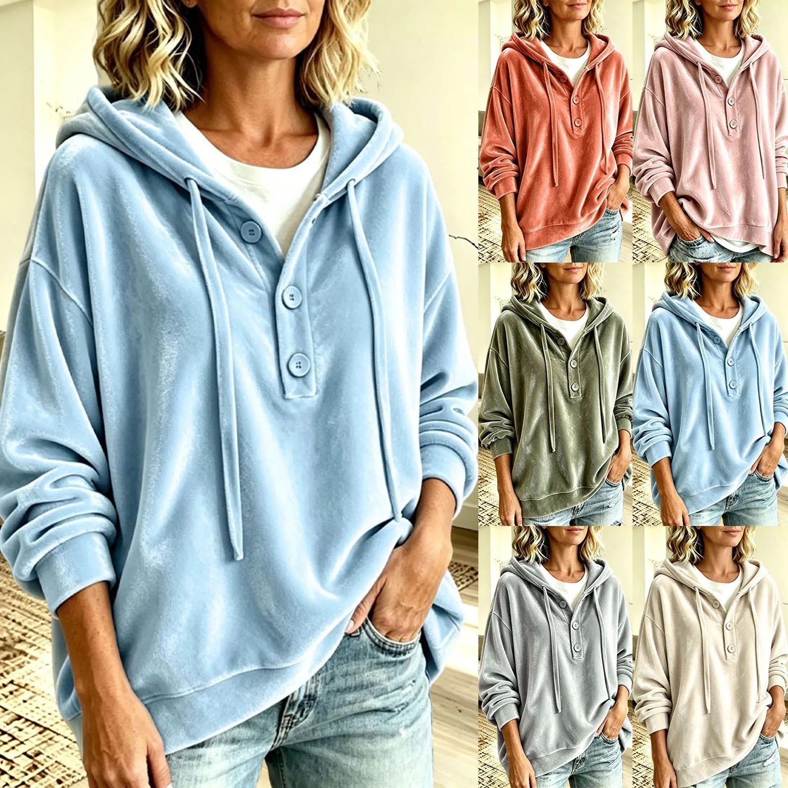 Oversized Velvet Hoodie For Women Button Up Long Sleeve Poncho Sweatshirts Half Button Placket Drawstring Hooded Pullover Tops
